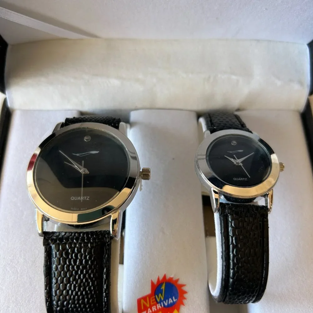 His and Hers Quartz Watch Set Black‎ Band New in Box VTG